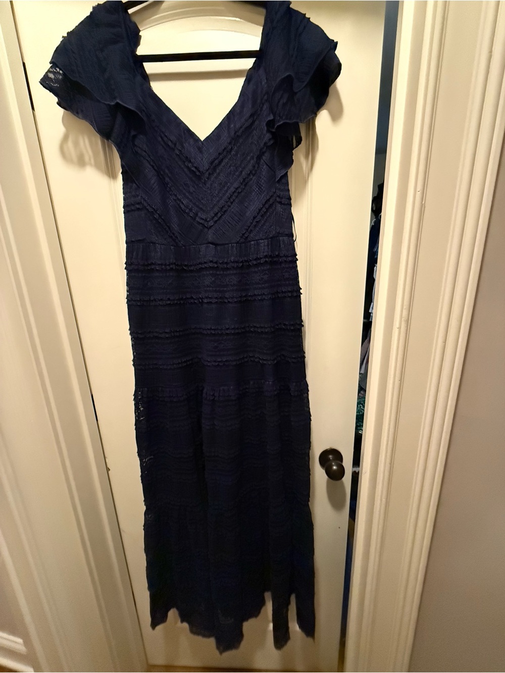 Eliza J Navy Maxi Dress with V-Neck and Ruffle Sleeves